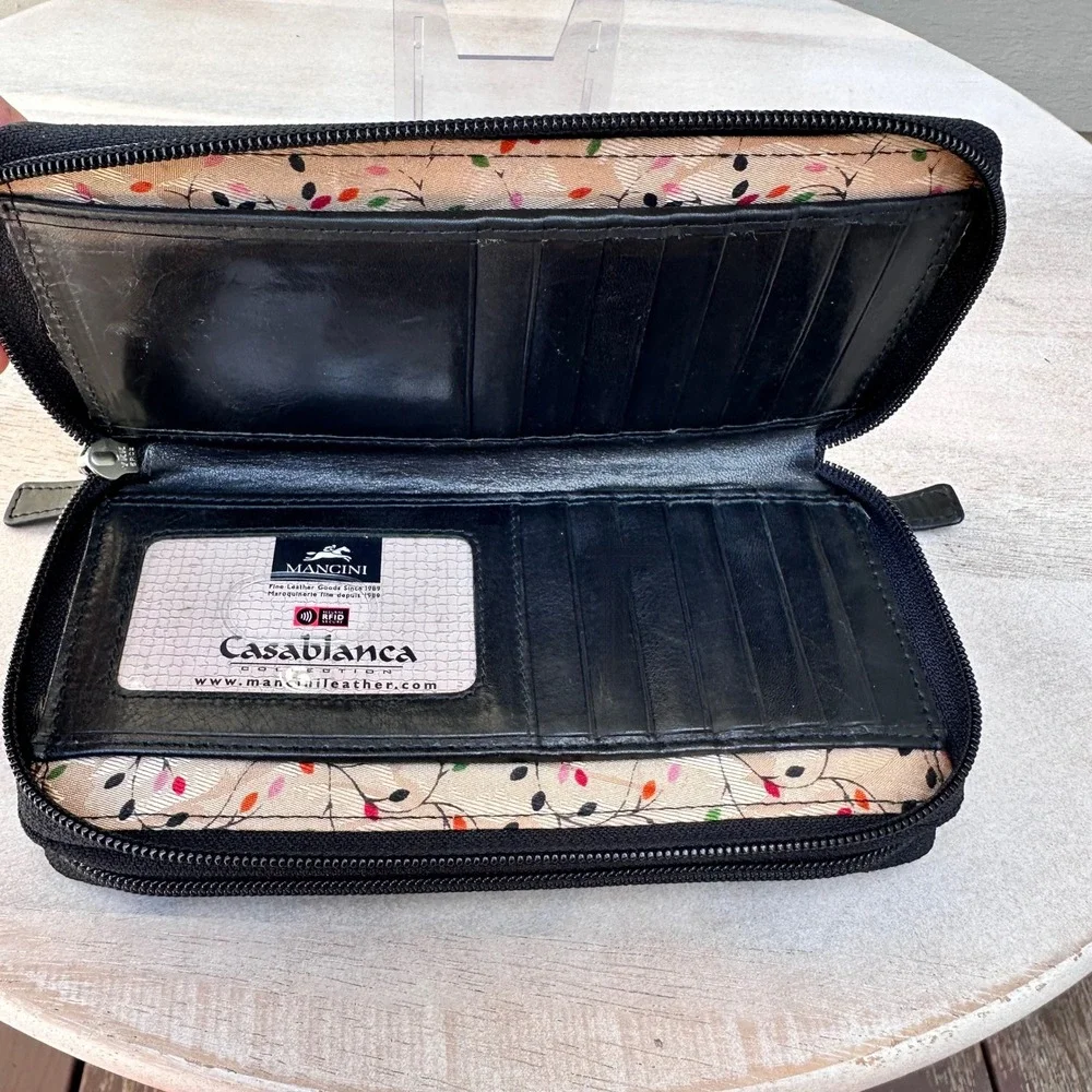 Mancini Black Leather Double Zip Around Accordion Clutch Wallet 7.5x4.25
